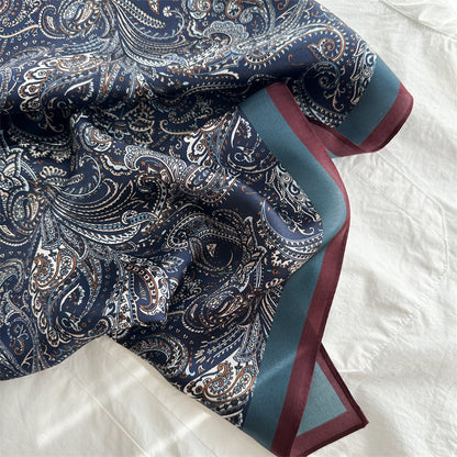 65cm Mulberry Silk Classic Paisley Scarf – Navy Blue Double Crepe Square Shawl for Spring &amp; Summer