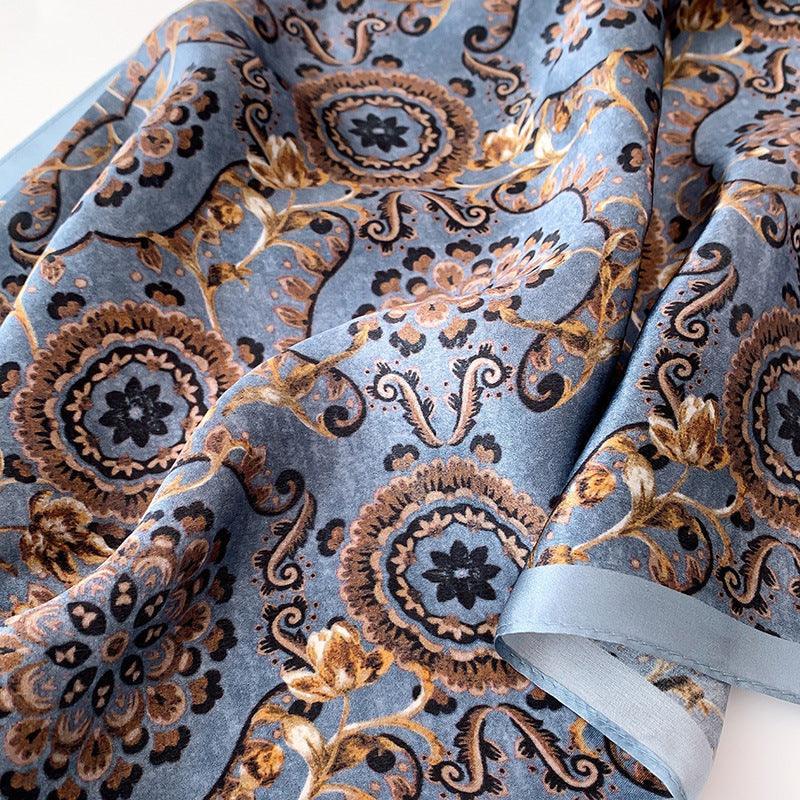 Vintage grauer und blauer Boho-Seidenschal/100 % Maulbeerseidenschal/Kleiner quadratischer Schal