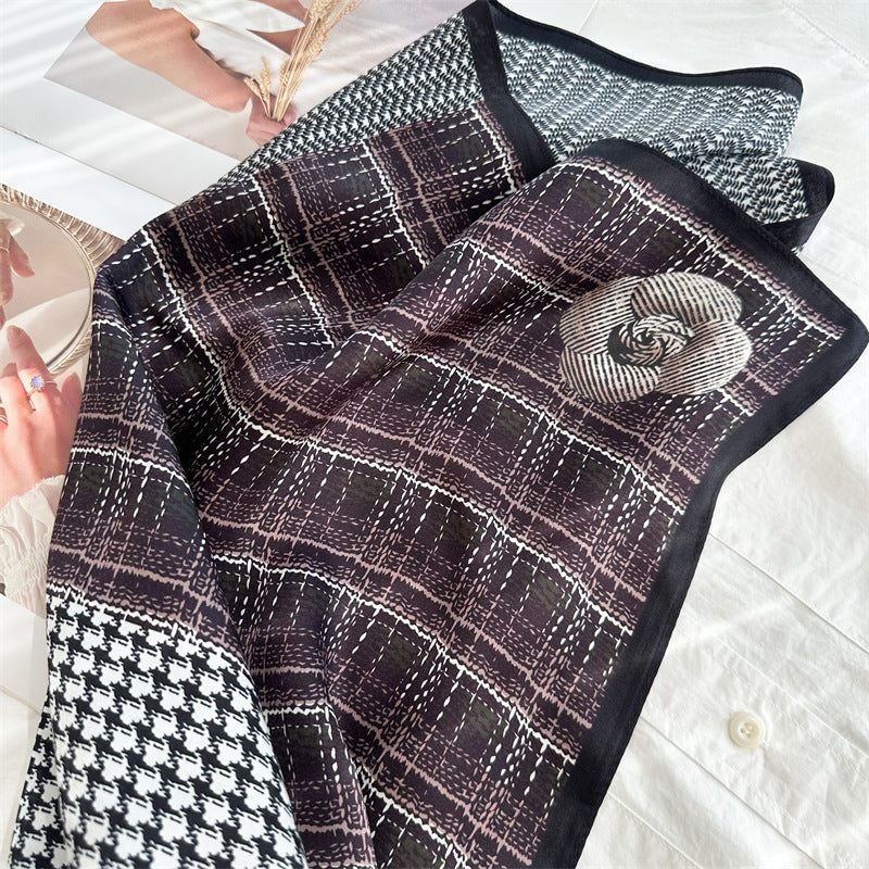 65cm Mulberry Silk Scarf – Plaid, Houndstooth &amp; Rose Print Double Crepe Square Shawl for Spring &amp; Summer