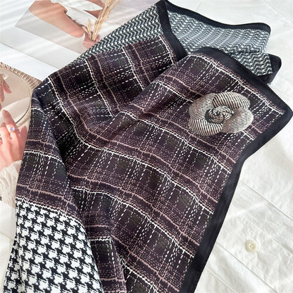 65cm Mulberry Silk Scarf – Plaid, Houndstooth &amp; Rose Print Double Crepe Square Shawl for Spring &amp; Summer