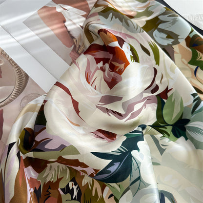 65cm Mulberry Silk Bold Rose Scarf – Double Crepe Square Shawl for Women, Elegant Floral Accessory