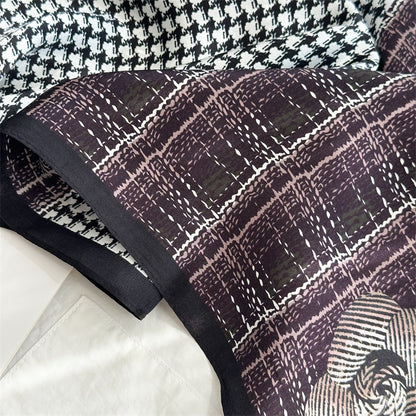 65cm Mulberry Silk Scarf – Plaid, Houndstooth &amp; Rose Print Double Crepe Square Shawl for Spring &amp; Summer