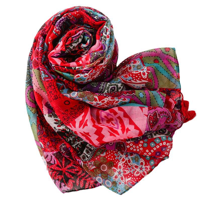 Vintage Wear Accessories Cotton and Linen Feel Bali Yarn Scarf Ethnic Style Red Bohemian Tassel  Shawl