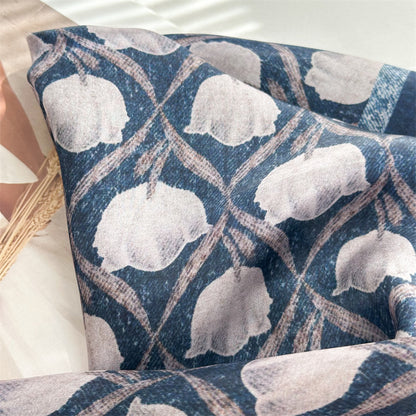 65cm Blue Lily of the Valley Mulberry Silk Scarf – Elegant Square Silk Shawl for Women, Fresh &amp; Versatile Accessory