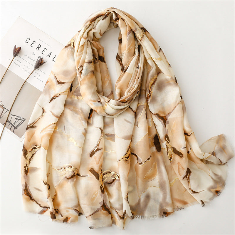Autumn and winter cotton and linen feel scarf bronzing water flower ink painting rough edge scarf warm shawl