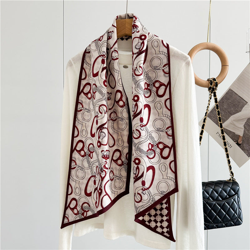 Elegant Harness Print Scarf – Mulberry Silk Wool Blend for Refined Style