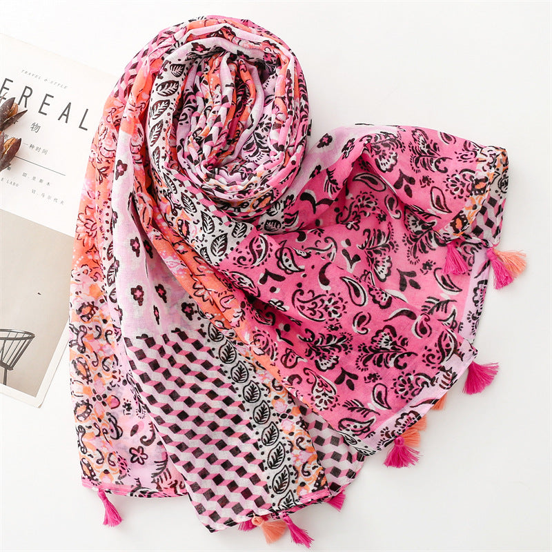 Vintage Wear Accessories Cotton and Linen Feel Bali Yarn Scarf Ethnic Style Pink Cashew Nut Flower Fringed  Scarf Shawl Women