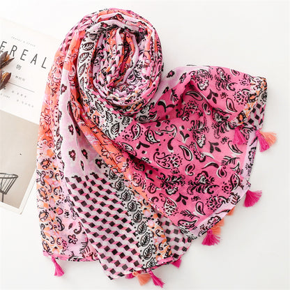 Vintage Wear Accessories Cotton and Linen Feel Bali Yarn Scarf Ethnic Style Pink Cashew Nut Flower Fringed  Scarf Shawl Women