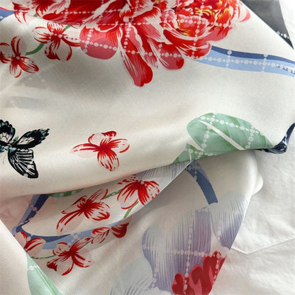 65cm Mulberry Silk Floral Peony Scarf – Double Crepe Square Shawl for Spring &amp; Summer