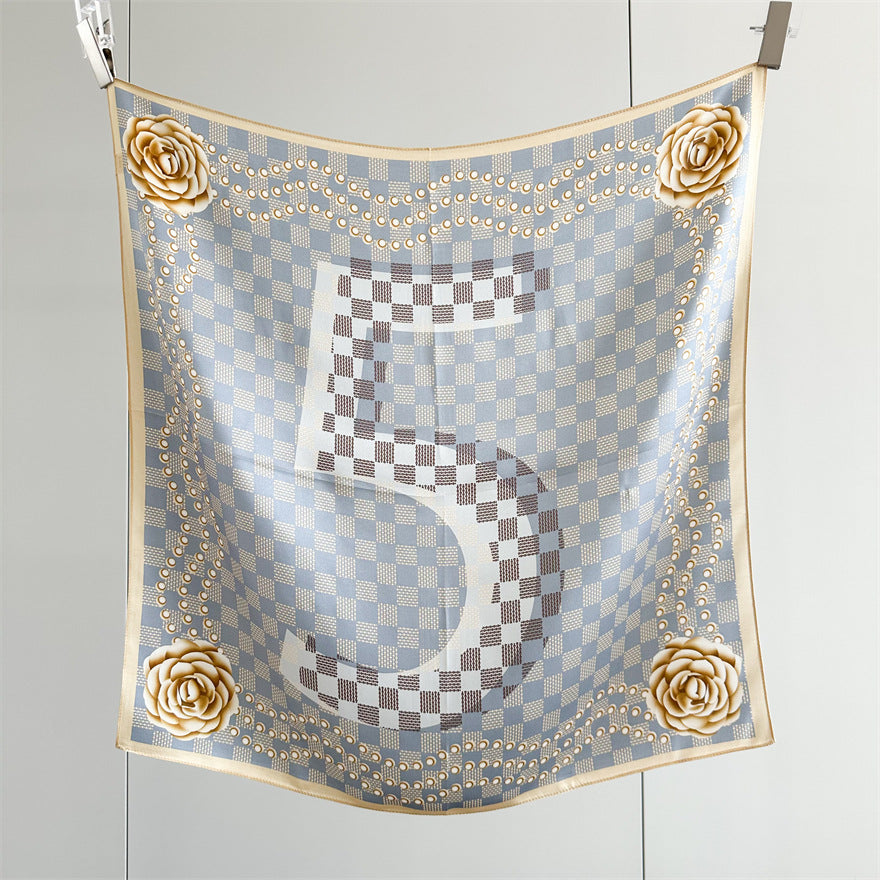 65cm Mulberry Silk Scarf – Digital 5 Grid Pattern Square Silk Shawl for Women, Elegant & Versatile Accessory