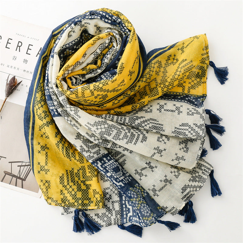 Chinese style wear accessories cotton and linen feel Bali yarn scarf exotic ethnic style cross stitch pattern fringed  scarf
