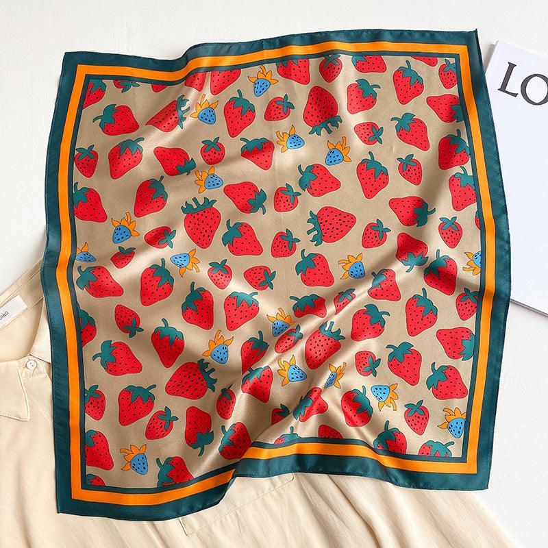 Schal aus 100 % Maulbeerseide/Kopftuch aus Seide/Haarschal aus Seide/Halstuch aus Seide/Bandana aus Seide/Taschenaccessoire/Geschenk für Sie/Graues Erdbeermuster