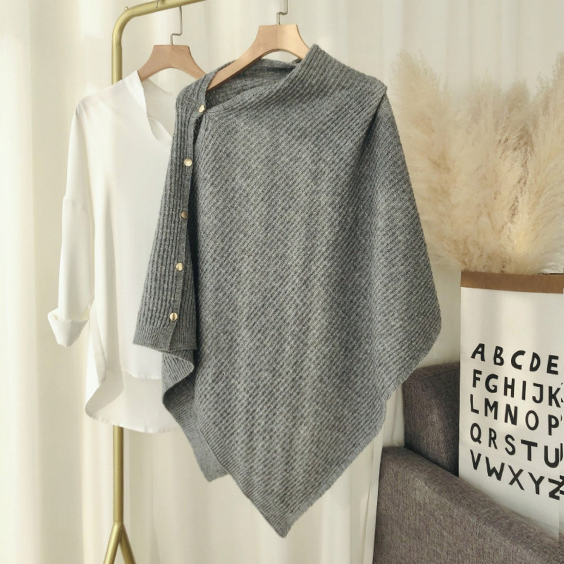 Knitted Plaid Shawl Cape with Buckle - Versatile and Warm Scarf Wrap for Women