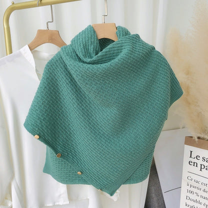 Knitted Plaid Shawl Cape with Buckle - Versatile and Warm Scarf Wrap for Women
