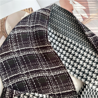 Checkered Camellia Mulberry Silk Scarf | Elegant Floral Grid Long Ribbon