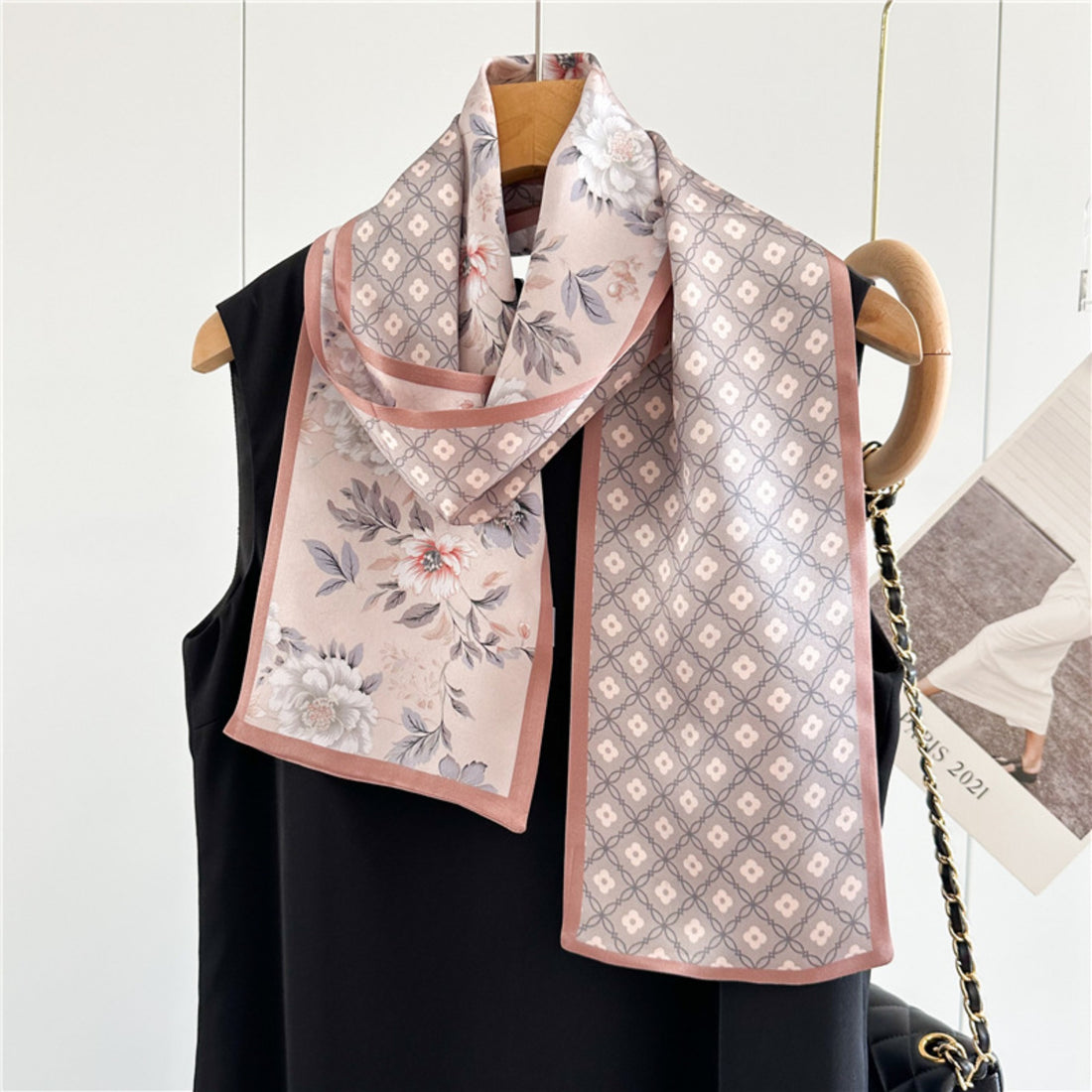 Soft Pink Floral Mulberry Silk Scarf | Romantic Tiny Blossom Long Ribbon