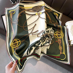 Dark Green Stallion Chain Pattern Luxurious 65cm Mulberry Silk Square Scarf/Hand-Rolled Hem/Small Neck Scarf/Gift For Her