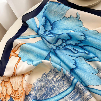 水彩柄 大判シルクスカーフ/シルクツイルサテン/90×90cm/シルクショール/シルクバンダナ/大判サテンスカーフ/彼女へのプレゼント/母の日ギフト