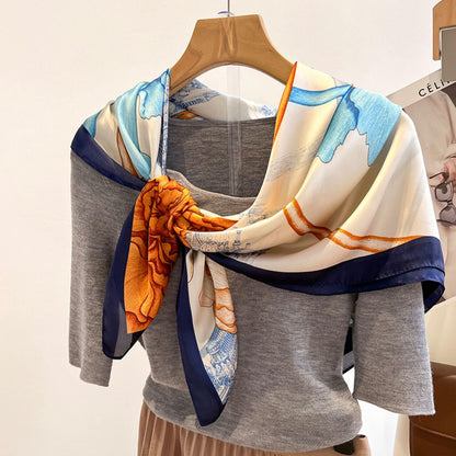 水彩柄 大判シルクスカーフ/シルクツイルサテン/90×90cm/シルクショール/シルクバンダナ/大判サテンスカーフ/彼女へのプレゼント/母の日ギフト