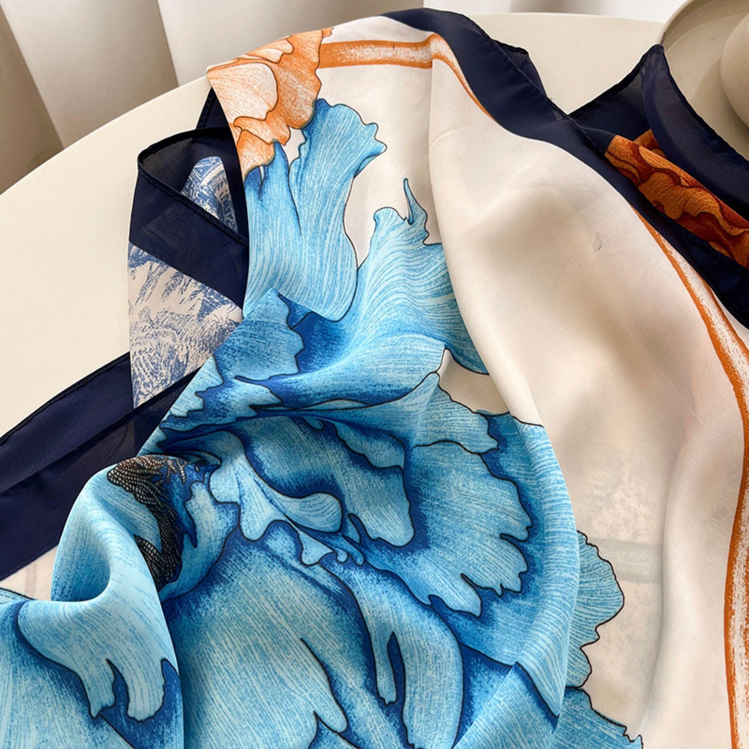 水彩柄 大判シルクスカーフ/シルクツイルサテン/90×90cm/シルクショール/シルクバンダナ/大判サテンスカーフ/彼女へのプレゼント/母の日ギフト