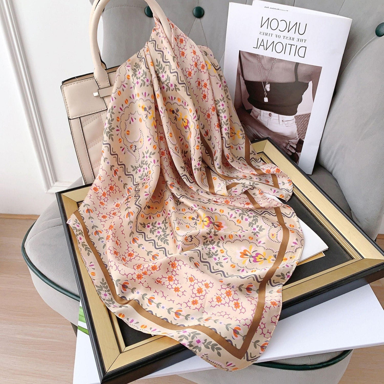 Summer Japanese prints 70cm square scarf, Silk textured scarf, Sun protection satin scarf, Neck scarf, Satin Shawl, Gift