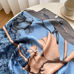 Türkischer Blauer Flora Großer Seidenschal/9090cm/Seidenschal/Seidenbandana/Großer Satinschal/Geschenk für Sie/Muttertag