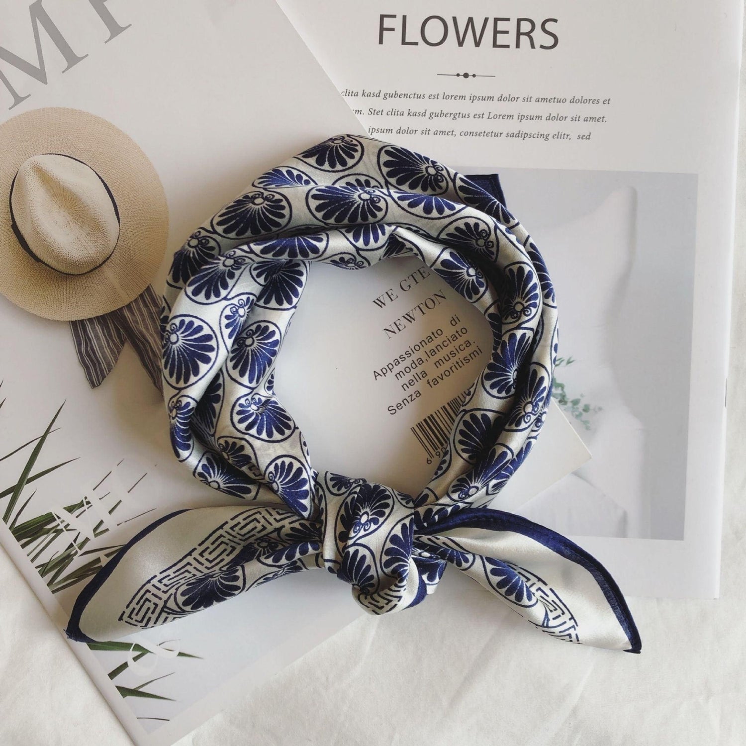 Navy Blue Boho Flora 100% mulberry Silk Scarf/Silk head scarf/Silk