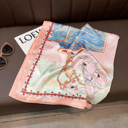 ピンクフローラ 大判シルクスカーフ/シルクツイルサテン/9090cm/シルクショール/シルクバンダナ/大判サテンスカーフ/彼女へのプレゼント/母の日ギフト