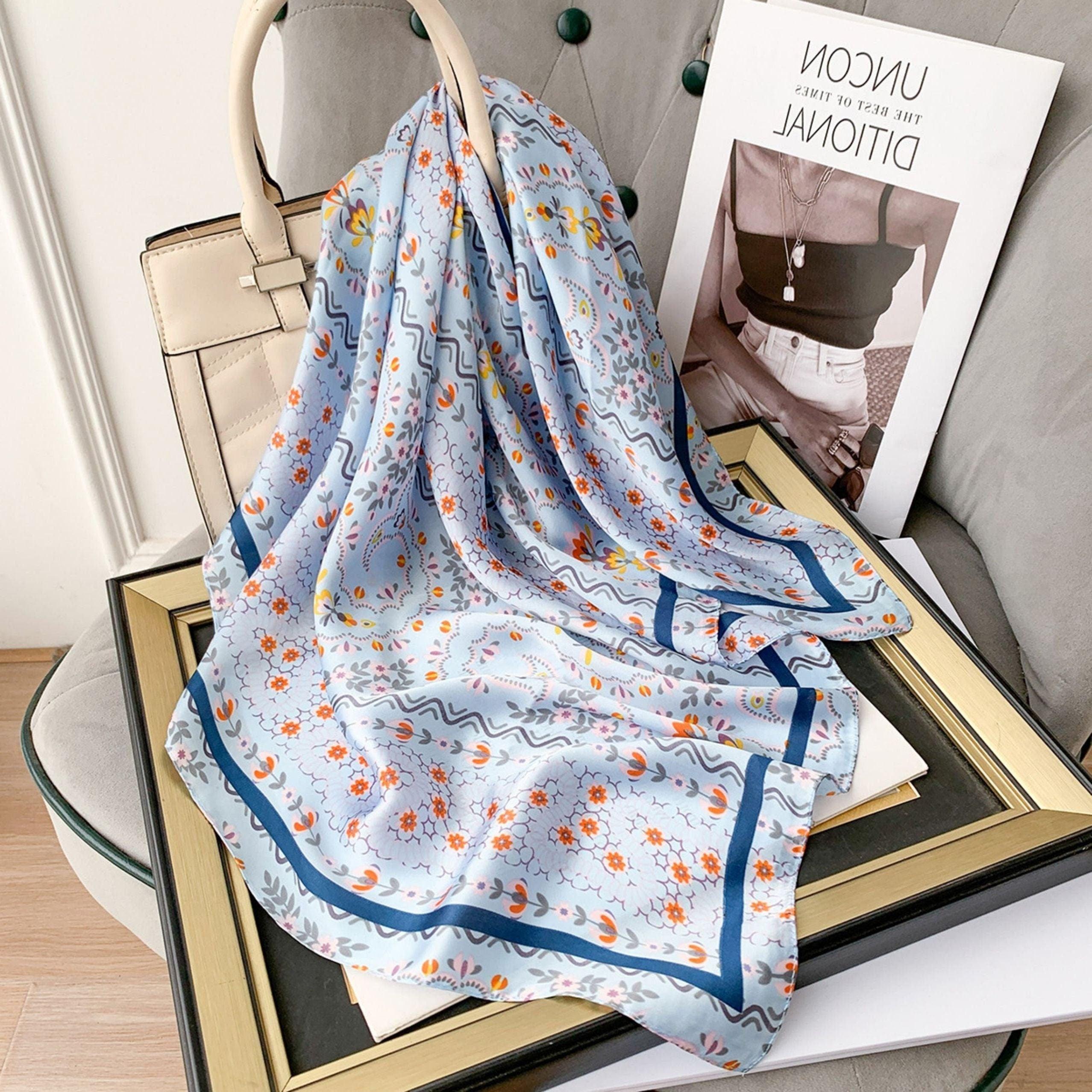 Summer Japanese prints 70cm square scarf, Silk textured scarf, Sun protection satin scarf, Neck scarf, Satin Shawl, Gift