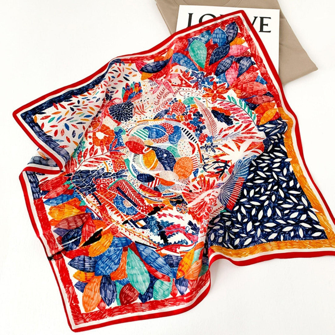 Roter Blumen Schal aus 100 % Maulbeerseide/Kopftuch aus Seide/Haarschal aus Seide/Halstuch aus Seide/Muttertagsgeschenke/Taschenaccessoire/Geschenk für Sie