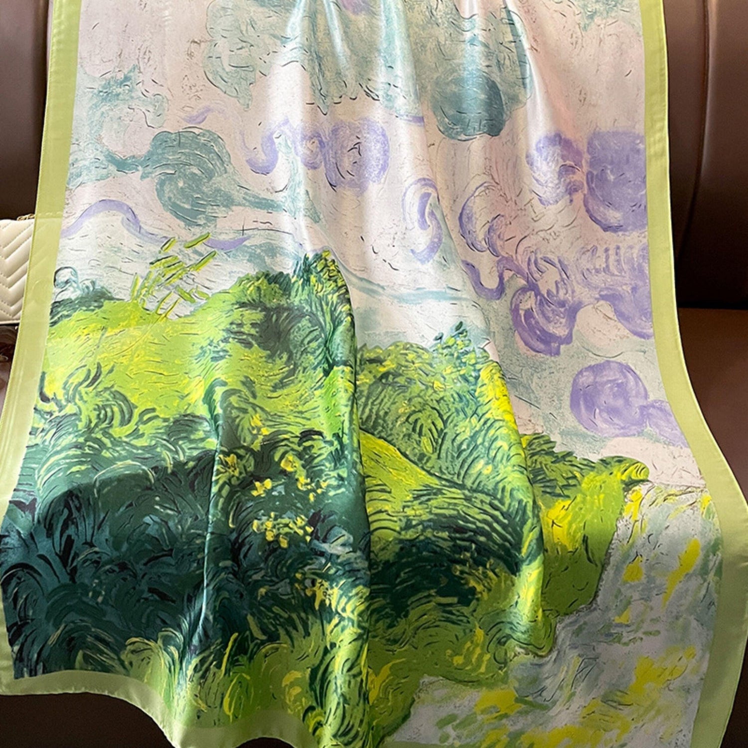 油絵明るいグリーン/180cm*90cm/サテンロングスカーフ/ボヘミアンショール/シルクショール/ヘッドスカーフ/お母さんへのギフト
