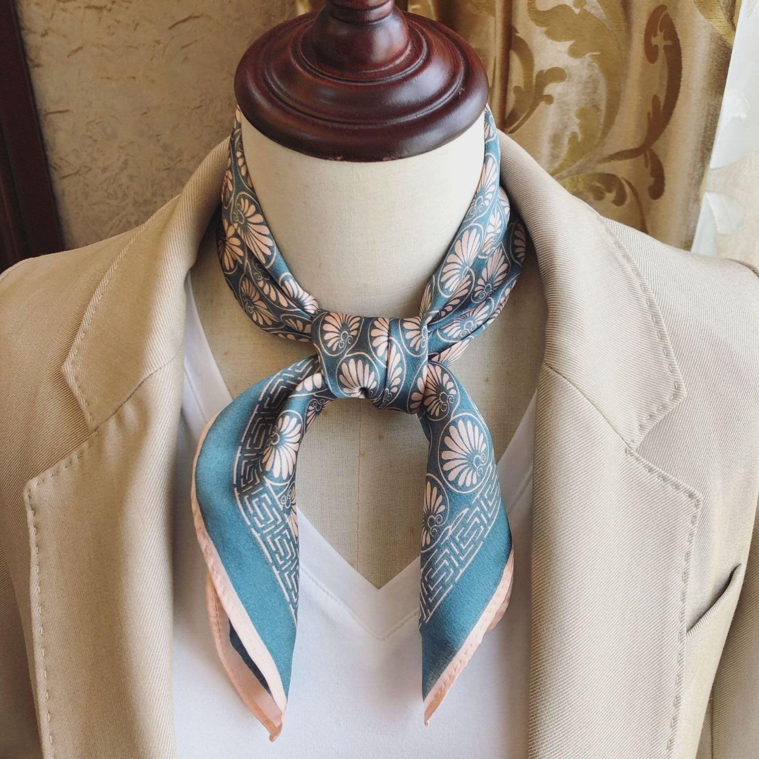 Navy Blue Boho Flora 100% mulberry Silk Scarf/Silk head scarf/Silk hair scarf/Silk neck scarf/Silk bandana/Bag Accessory/Gift for her/Small floral